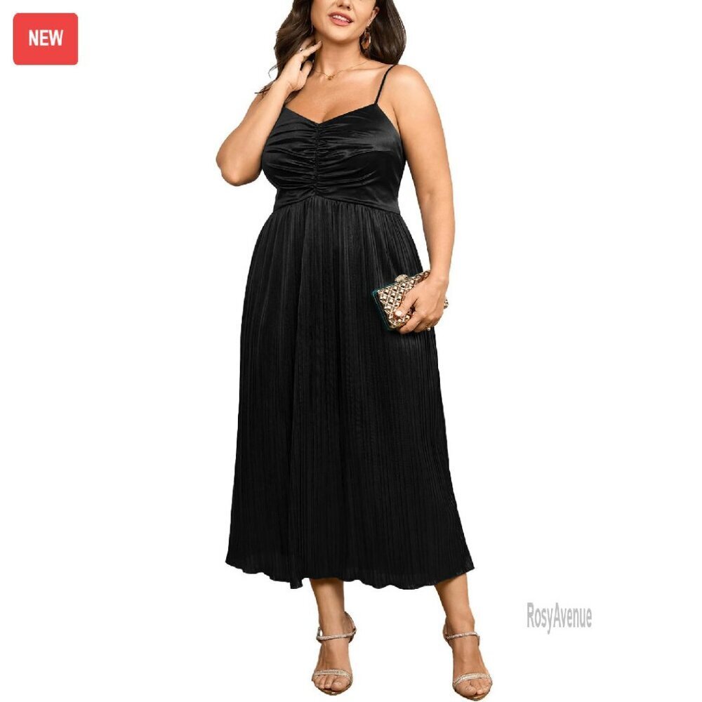 Plus Size V Neck Pleated Maxi Dress Sleeveless Spaghetti Strap Cocktail Party